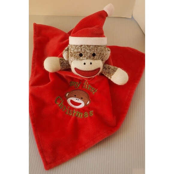 Baby Starters Security Blanket Sock Monkey My First Christmas Plush Lovey Rattle - Picture 4 of 10